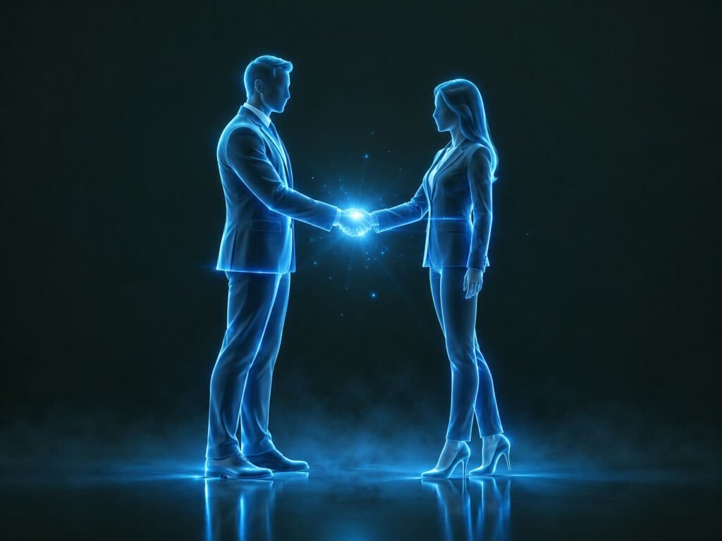 Duas pessoas em holograma azul apertando as mãos, representando parceria